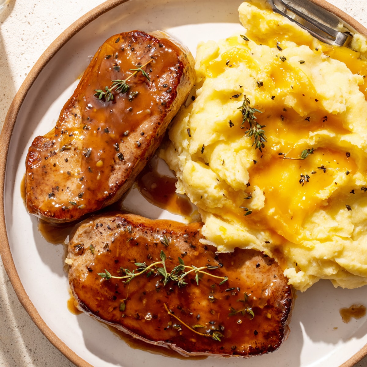 Close-up of glistening Maple Glazed Pork Chops served over creamy cheddar mashed potatoes.