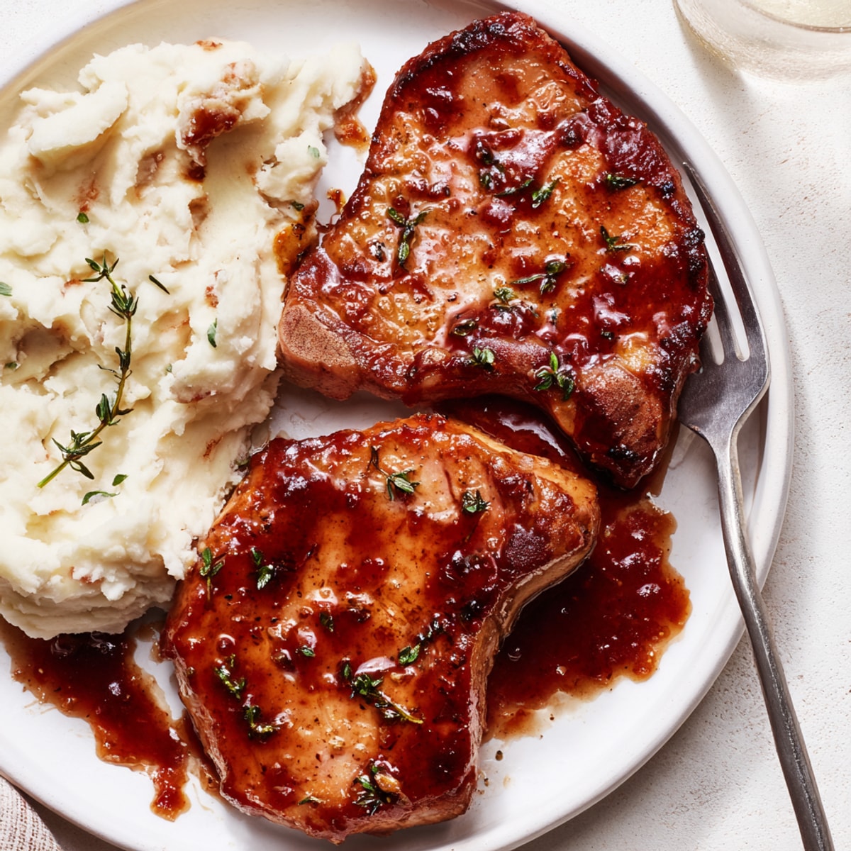 Golden, tender Maple Glazed Pork Chops nestled with rich cheddar mashed potatoes for dinner.