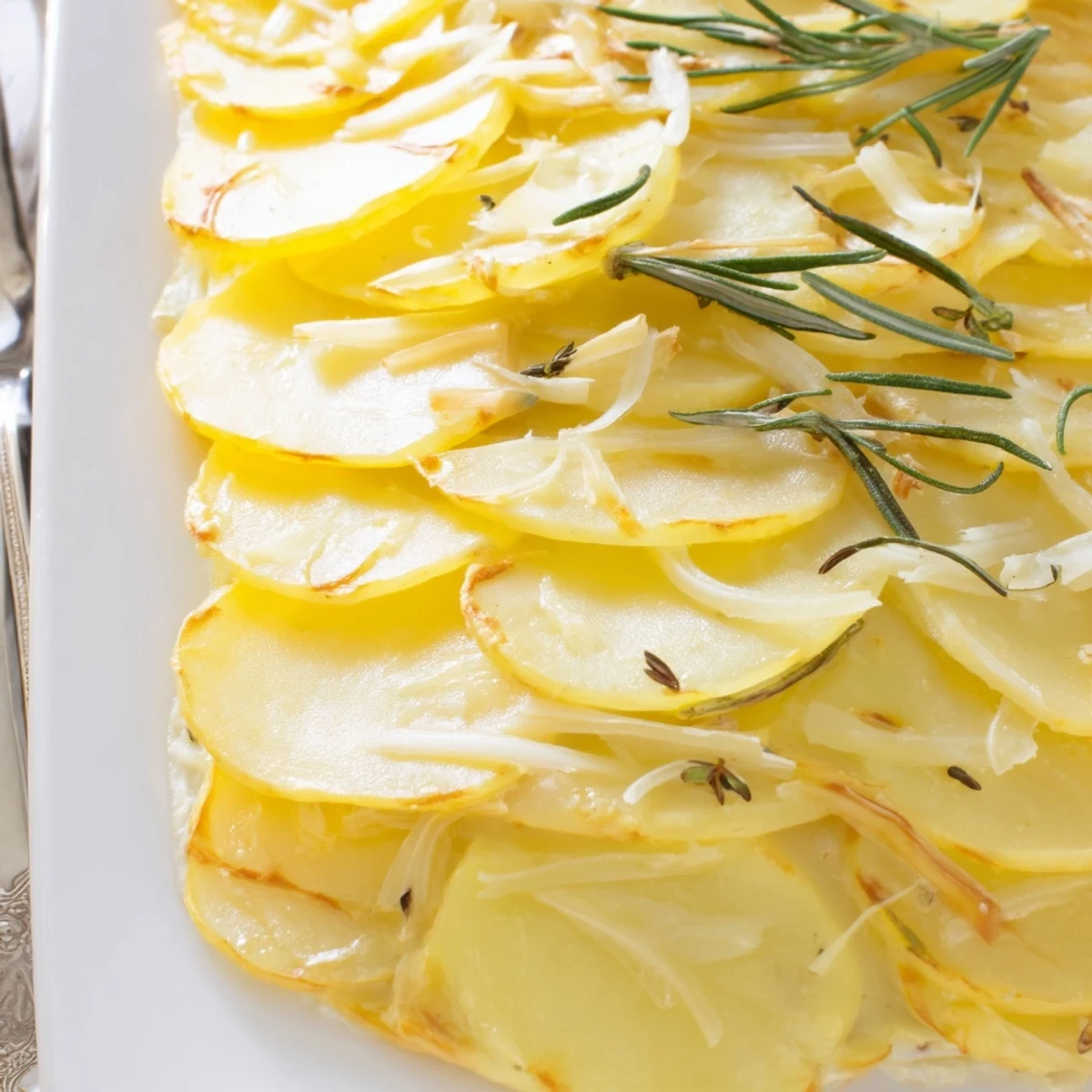 Tender Yukon Gold slices in a rosemary garlic potato bake, beautifully golden and inviting.