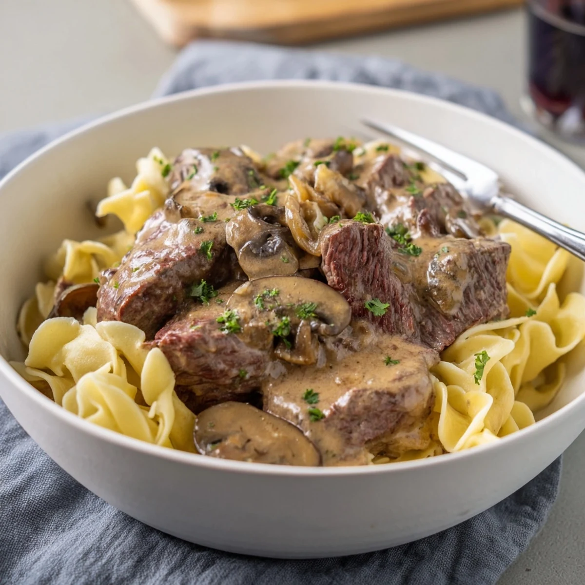 Tender beef strips in creamy ranch beef stroganoff atop buttery egg noodles.  
