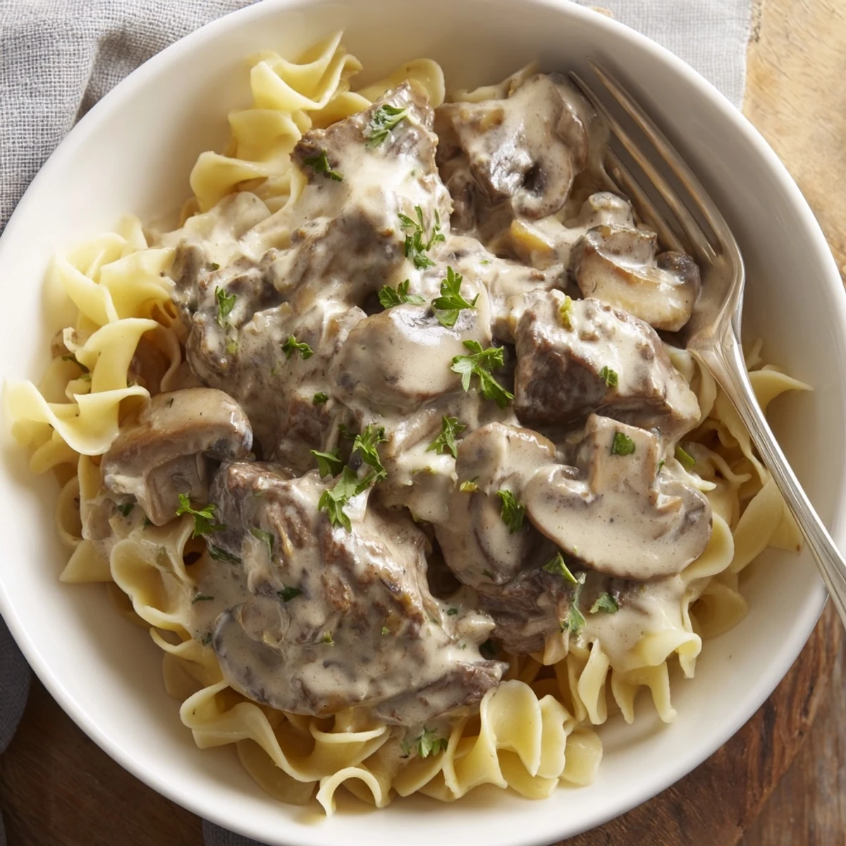 Savor the rich flavors of creamy ranch beef stroganoff served with fresh parsley.  