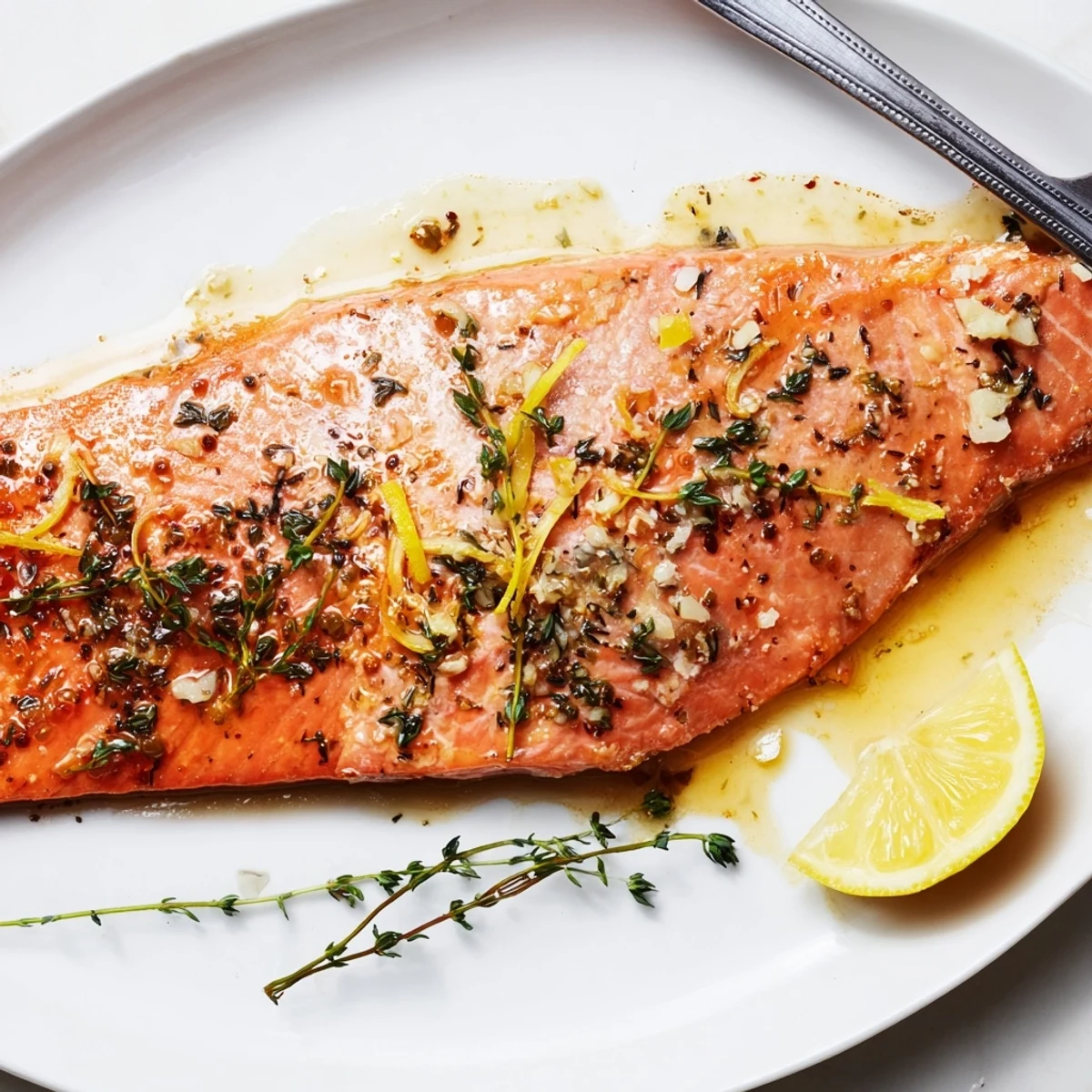 Succulent lemon thyme roasted salmon fillets garnished with fresh herbs and lemon slices.  