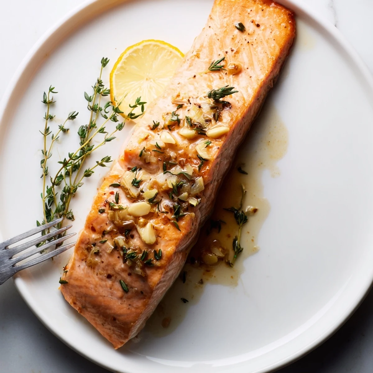 Flavorful salmon fillets bathed in lemon thyme marinade, roasted until perfectly flaky.  