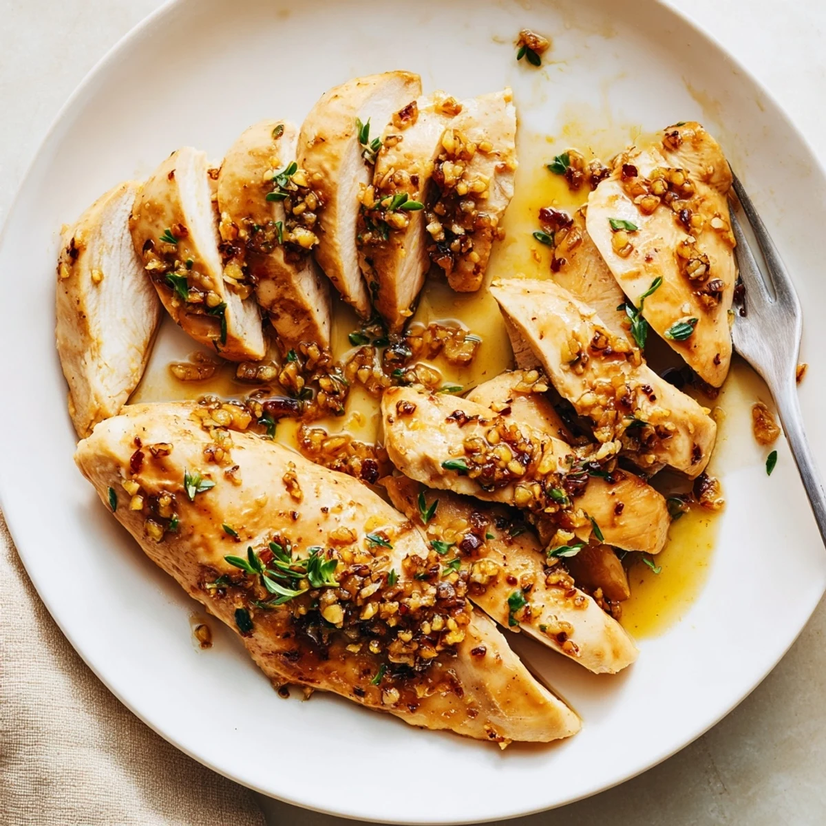 Buttery Garlic Chicken Skillet served with lemony herb sauce and garnished parsley.  