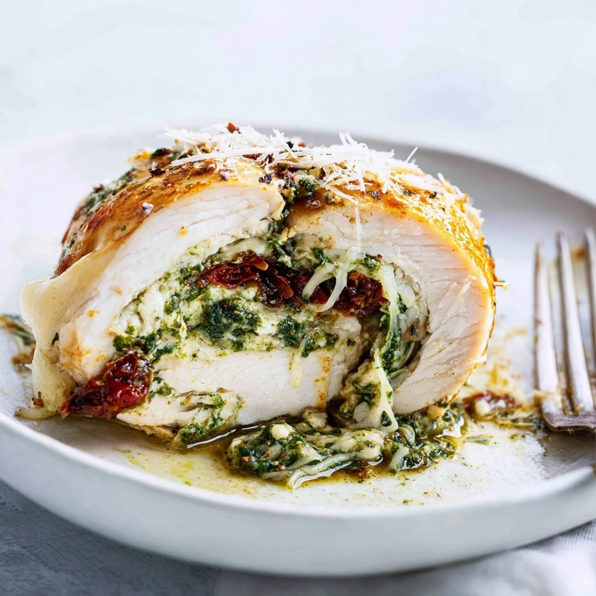 Juicy Basil Pesto Stuffed Chicken Breasts, baked until golden with a cheesy filling.  