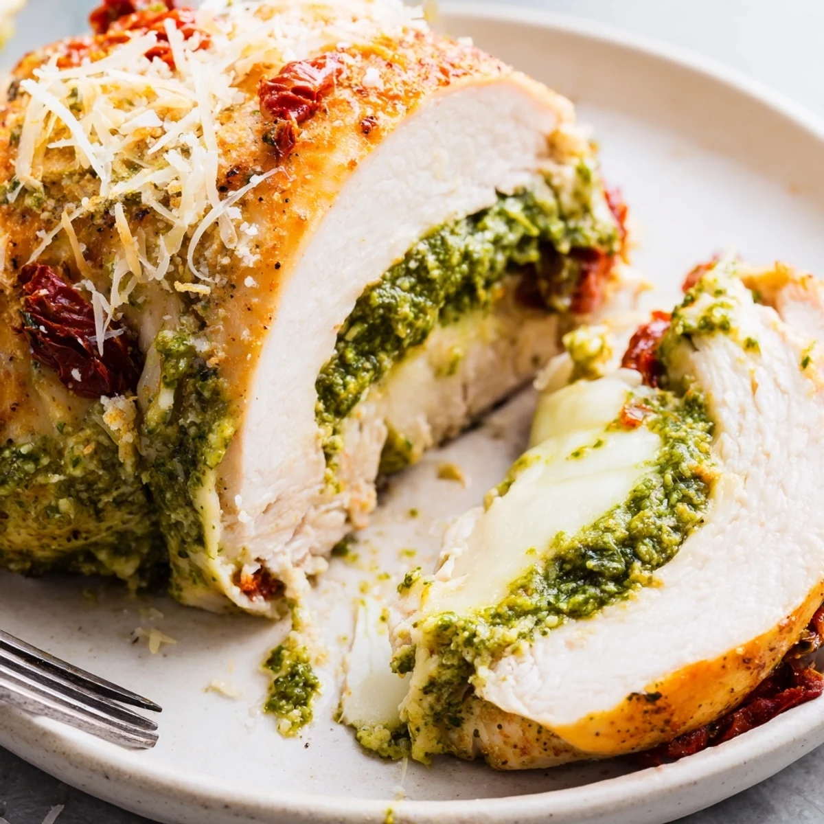 Tender Basil Pesto Stuffed Chicken Breasts infused with creamy cheeses and vibrant basil flavor.