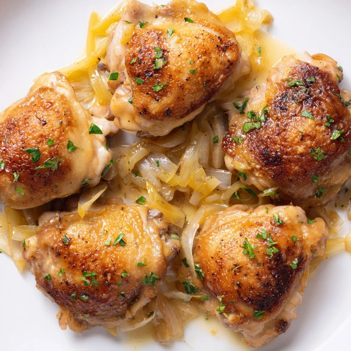 Tender honey mustard braised chicken thighs served with fresh parsley garnish.  