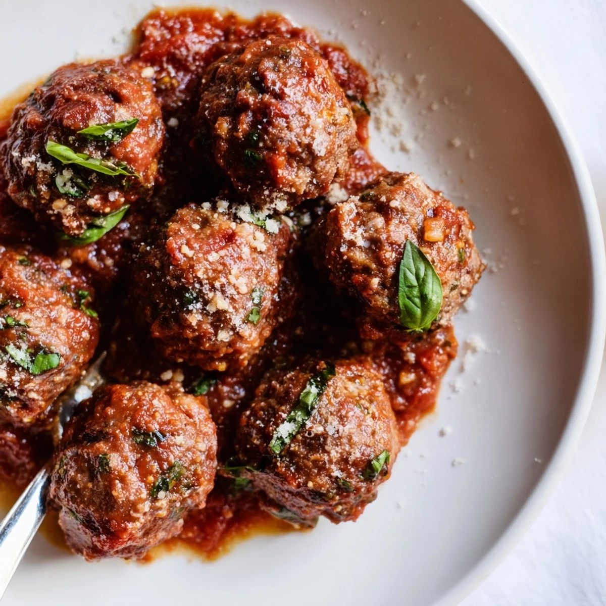 Mouthwatering Tomato Wine Slow-Baked Meatballs topped with fresh basil and Parmesan cheese.  