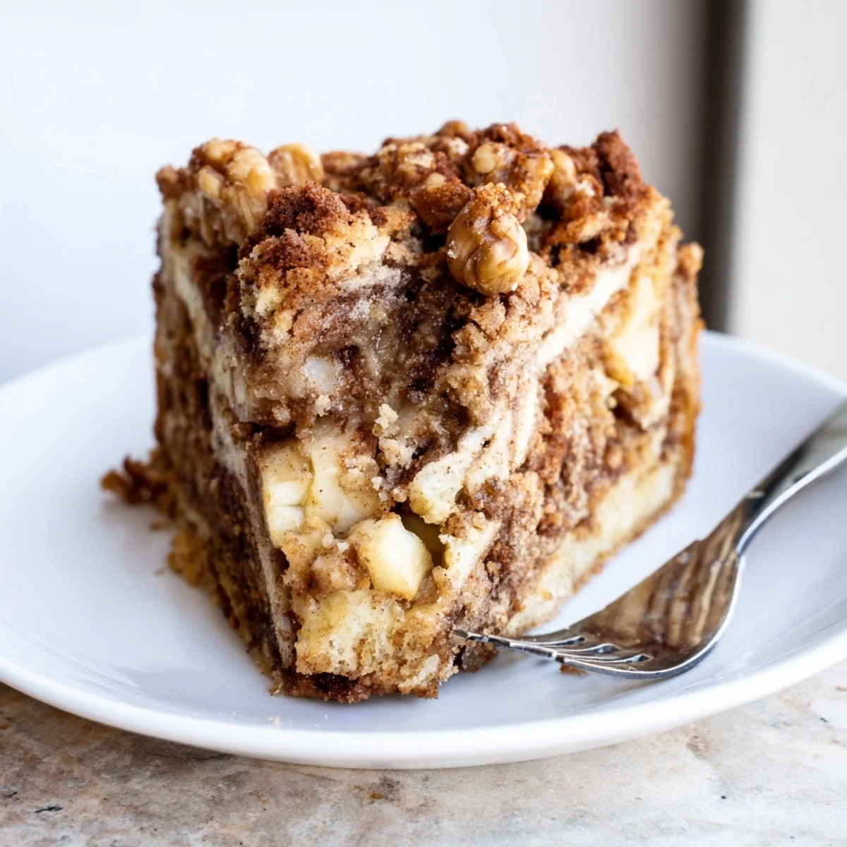 Served warm, this Cinnamon Swirl Apple Crumble Cake delights with sweet cinnamon flavors and textures.