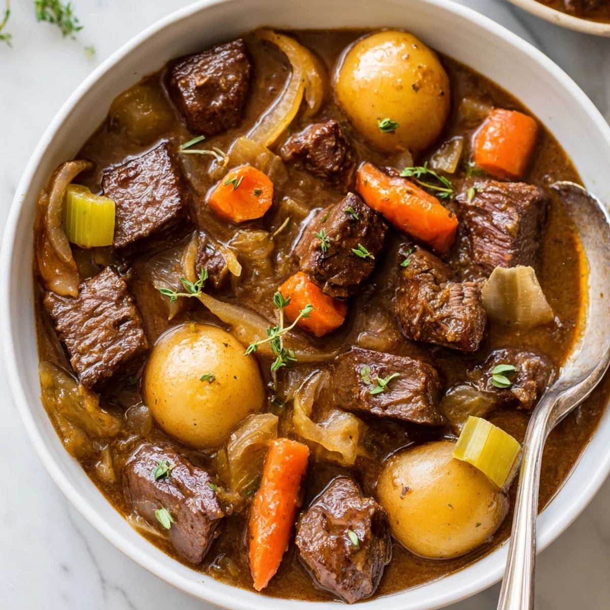 Rich Caramelized Onion Beef Stew served piping hot with rustic bread on the side.  