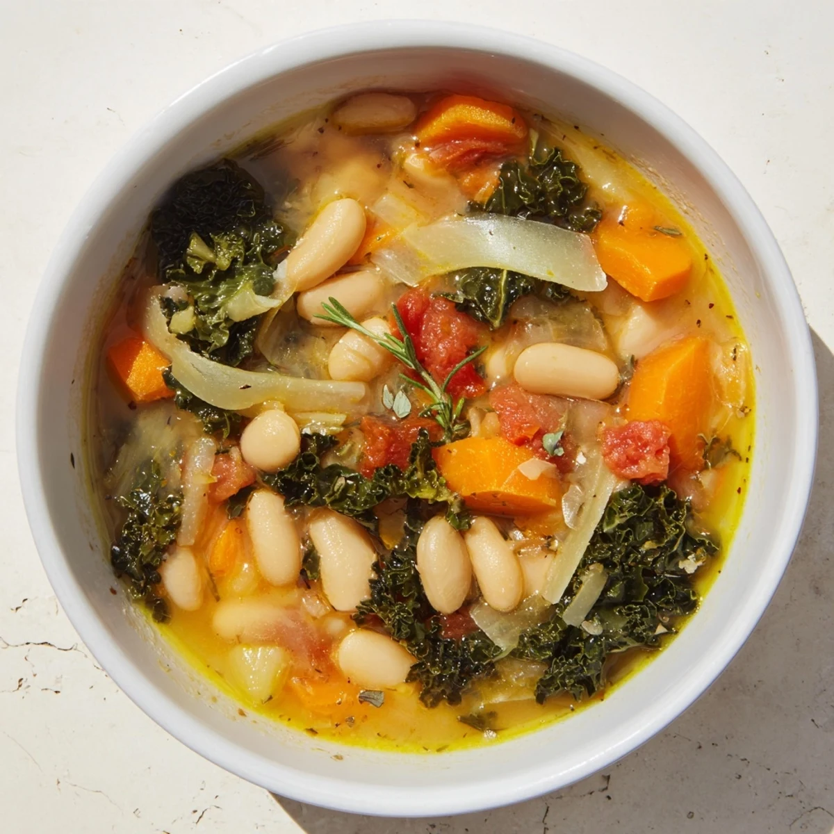 Creamy Tuscan White Bean Soup with kale, vibrant vegetables, and aromatic herbs.