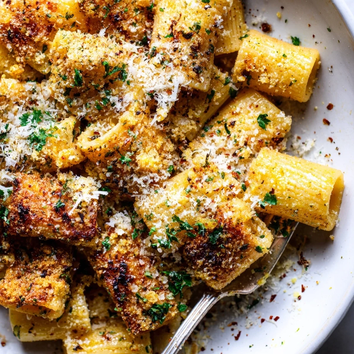 Crispy Parmesan Garlic Pasta garnished with fresh parsley and extra cheese, ideal for snacking.  
