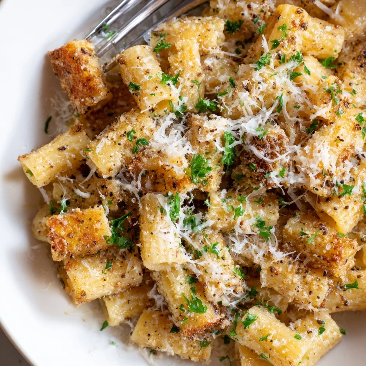 Deliciously baked Crispy Parmesan Garlic Pasta, perfect as a party appetizer or side dish.