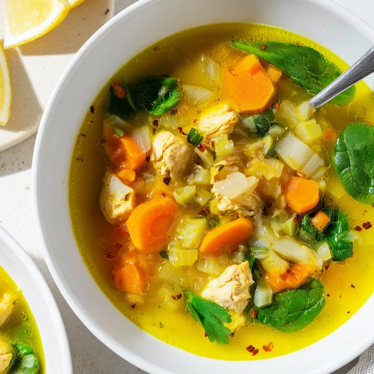 Vibrant Golden Turmeric Chicken Soup, loaded with spices and wholesome vegetables for a cozy meal.  