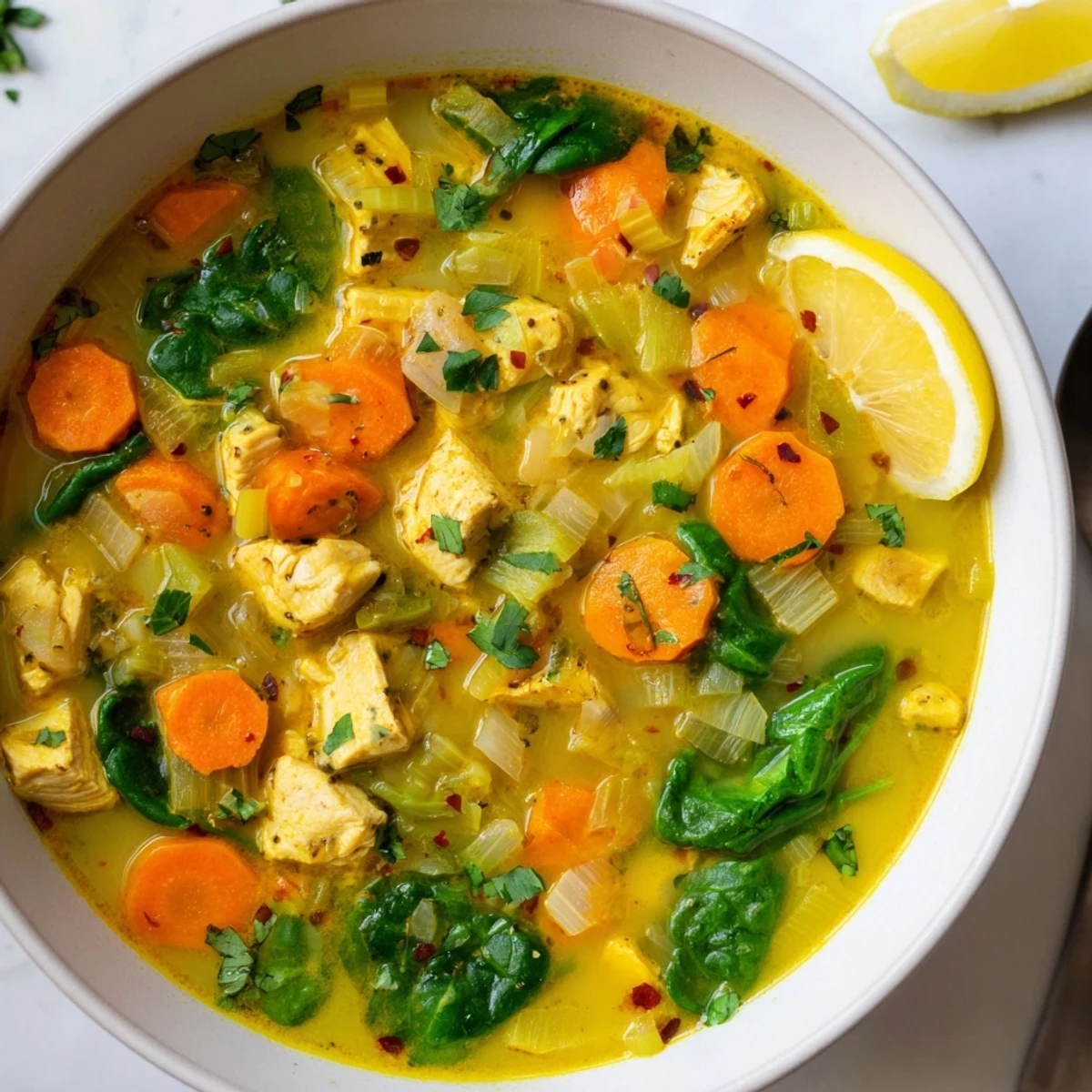 Hearty Golden Turmeric Chicken Soup brimming with tender chicken and aromatic flavors, perfect for chilly nights.
