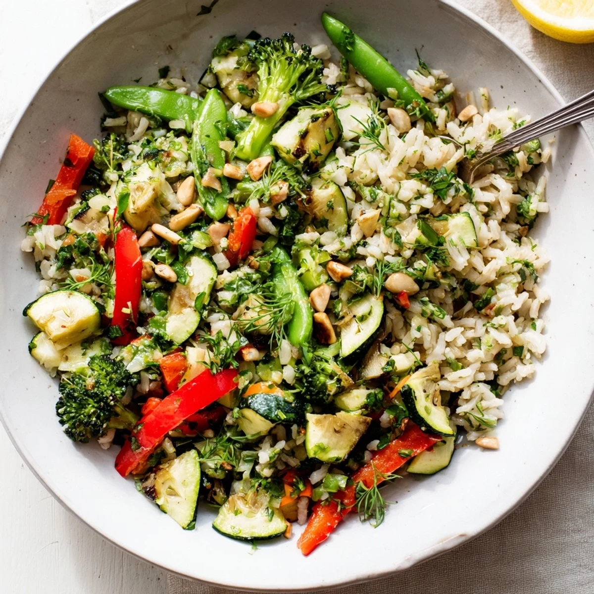 Vibrant herb butter veggie rice bowls topped with sautéed seasonal vegetables and fresh herbs.  