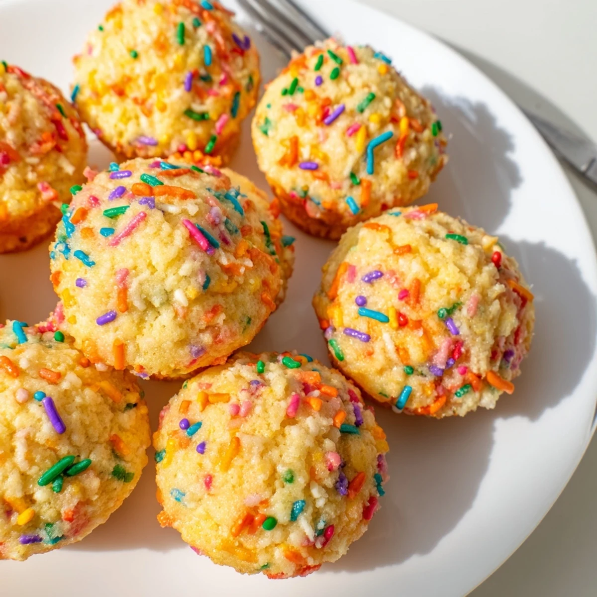 Sweet cornbread muffins topped with rainbow sprinkles, perfect for festive gatherings. 
