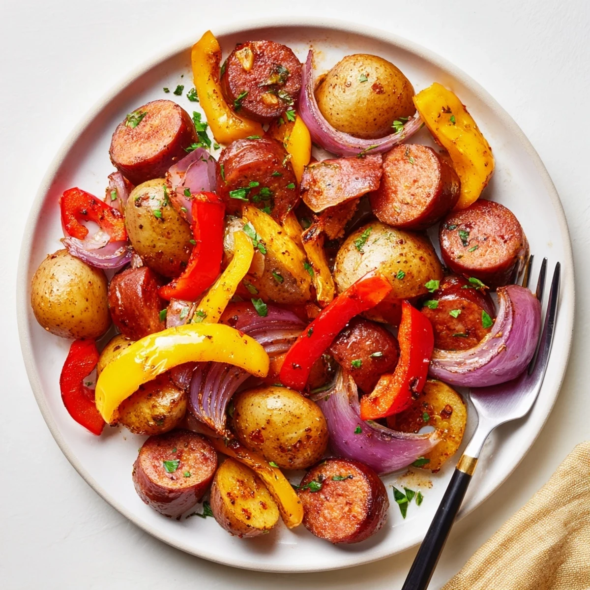 Hearty Smoky Sausage and Potato Sheet Pan with vibrant veggies and spices.  