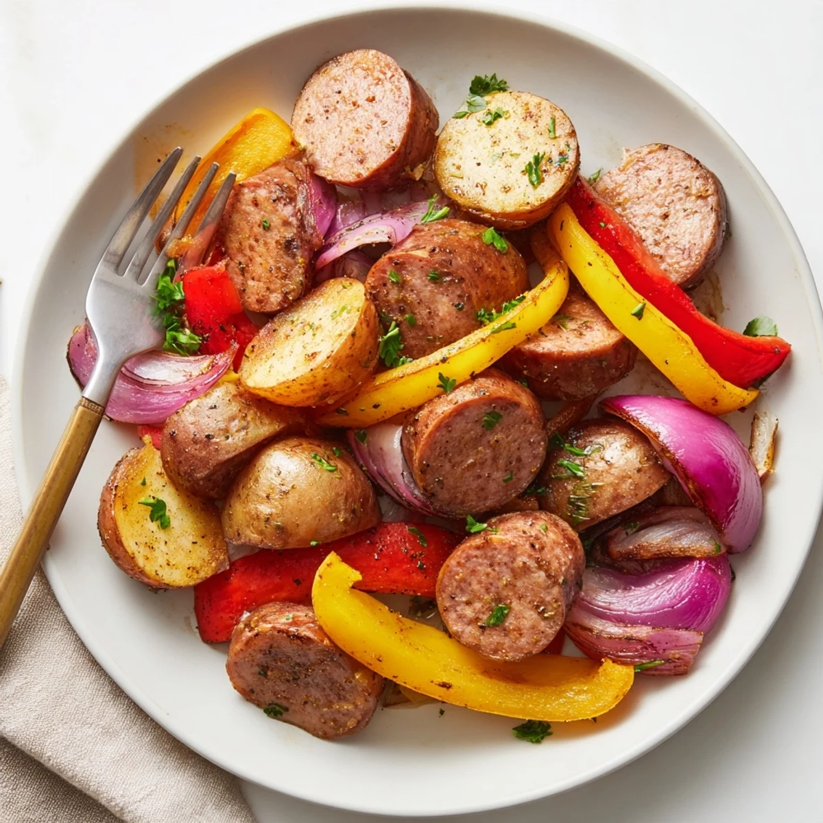 Delicious Smoky Sausage and Potato Sheet Pan, golden potatoes and smoky flavors roasted together.  