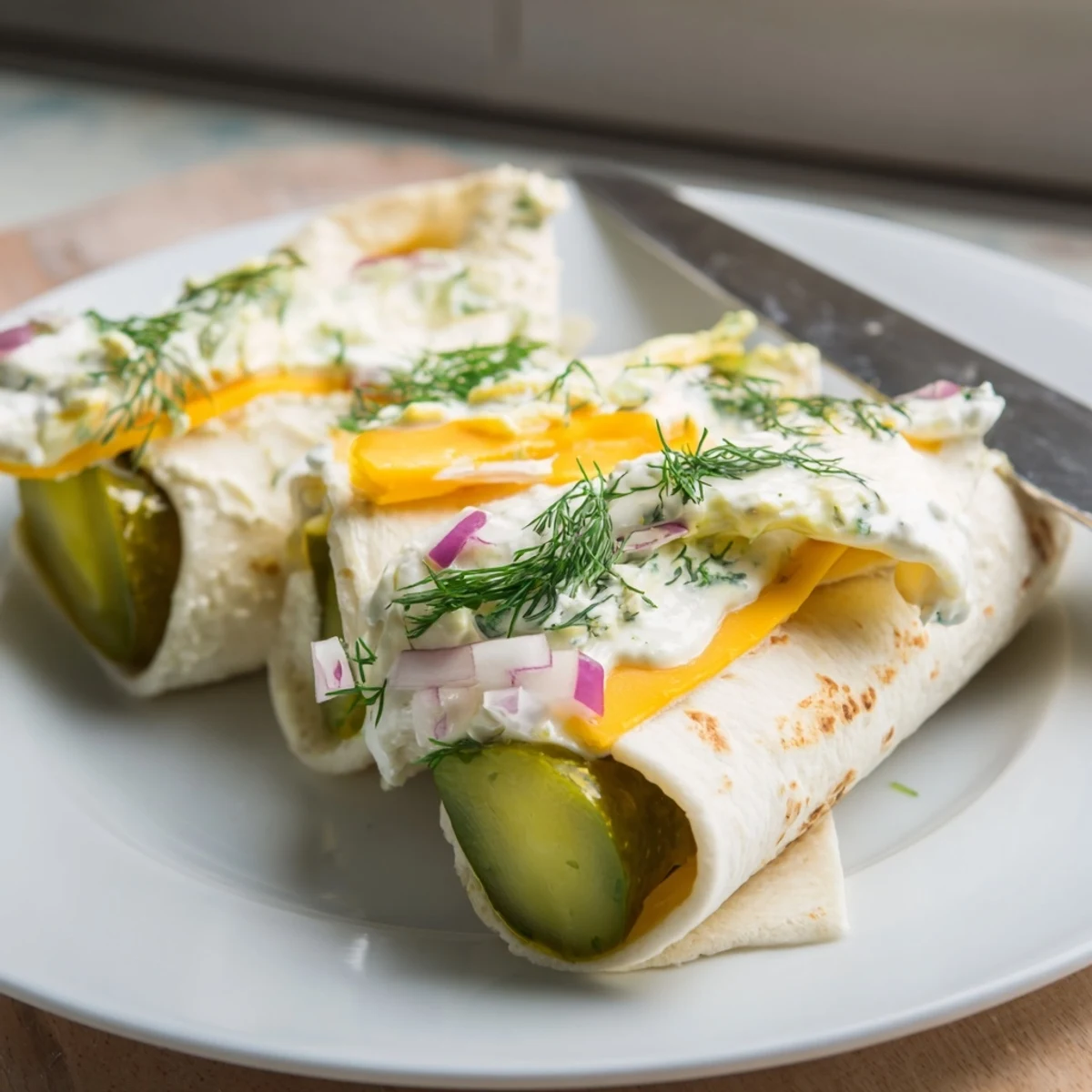 Crisp pickles and cheddar cheese rolled in flour tortillas for a fun snack experience.  