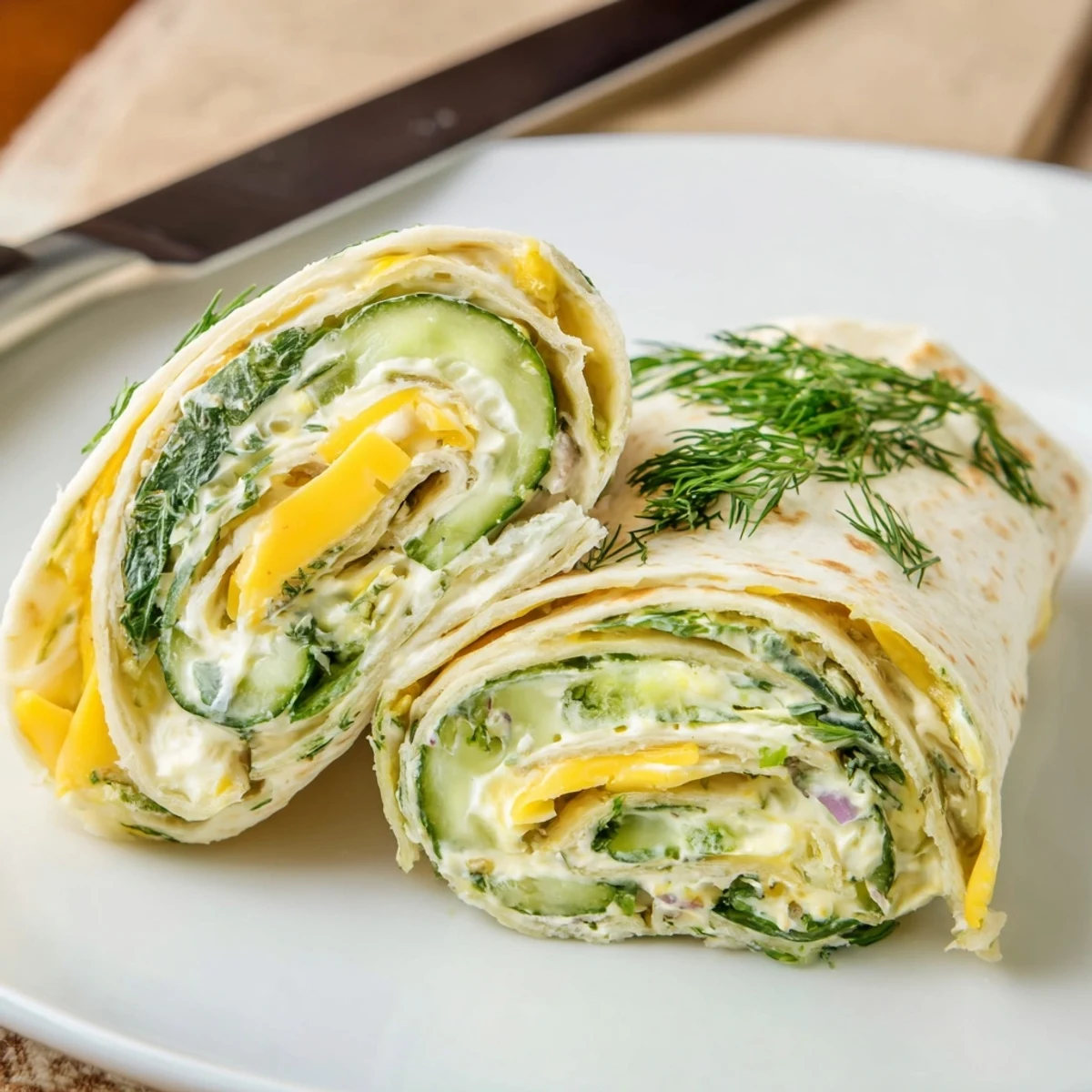 Delicious Pickle-in-a-Blanket wrapped in tortillas with creamy cheese and fresh dill.  