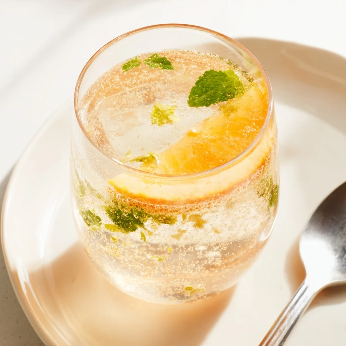 A vibrant Probiotic Soda Mocktail garnished with fresh orange slices and mint leaves.  