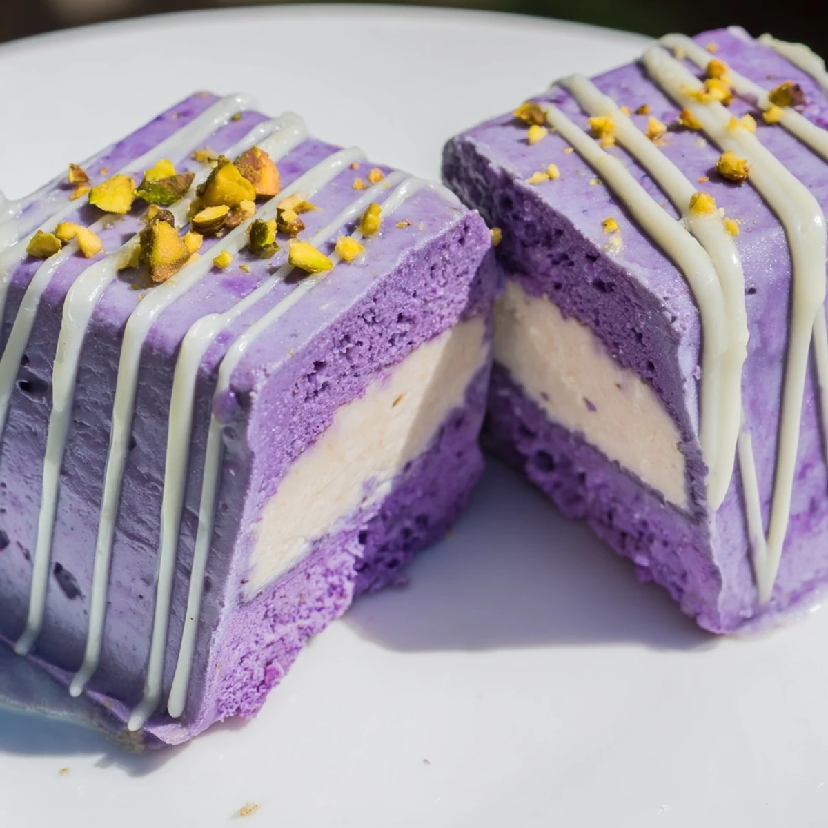 Vibrant purple ube and green pistachio ice cream bars, drizzled with condensed milk.  