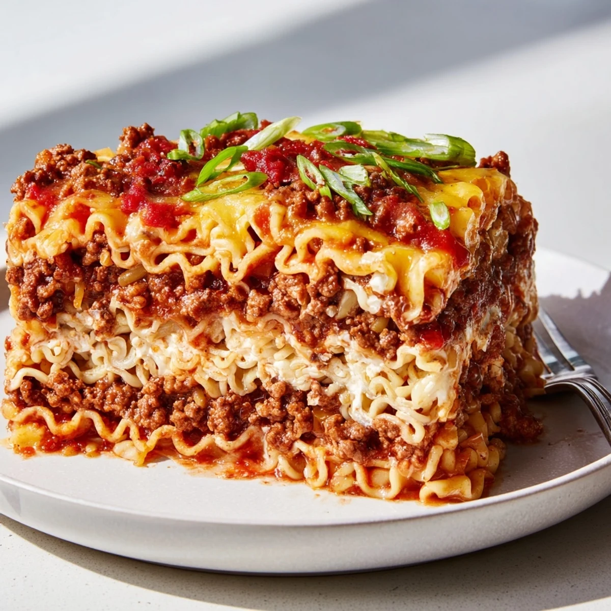 Comforting spicy ramen lasagna with creamy ricotta and savory ground pork layers.  