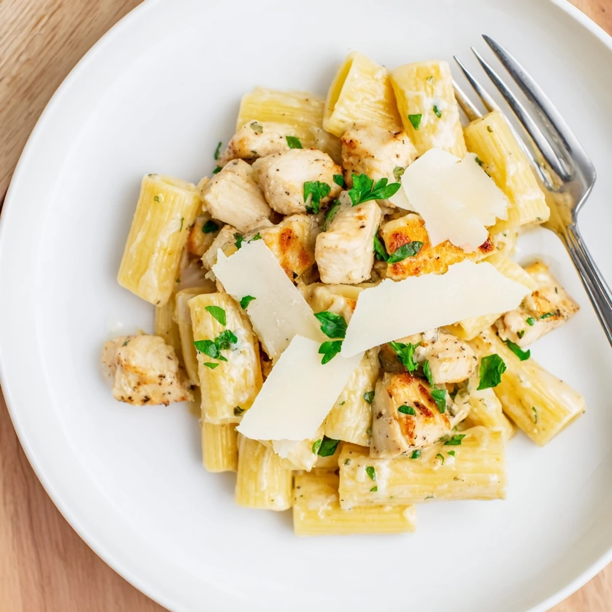 A plate of Creamy Garlic Parmesan Chicken Rigatoni featuring creamy sauce and tender chicken.  