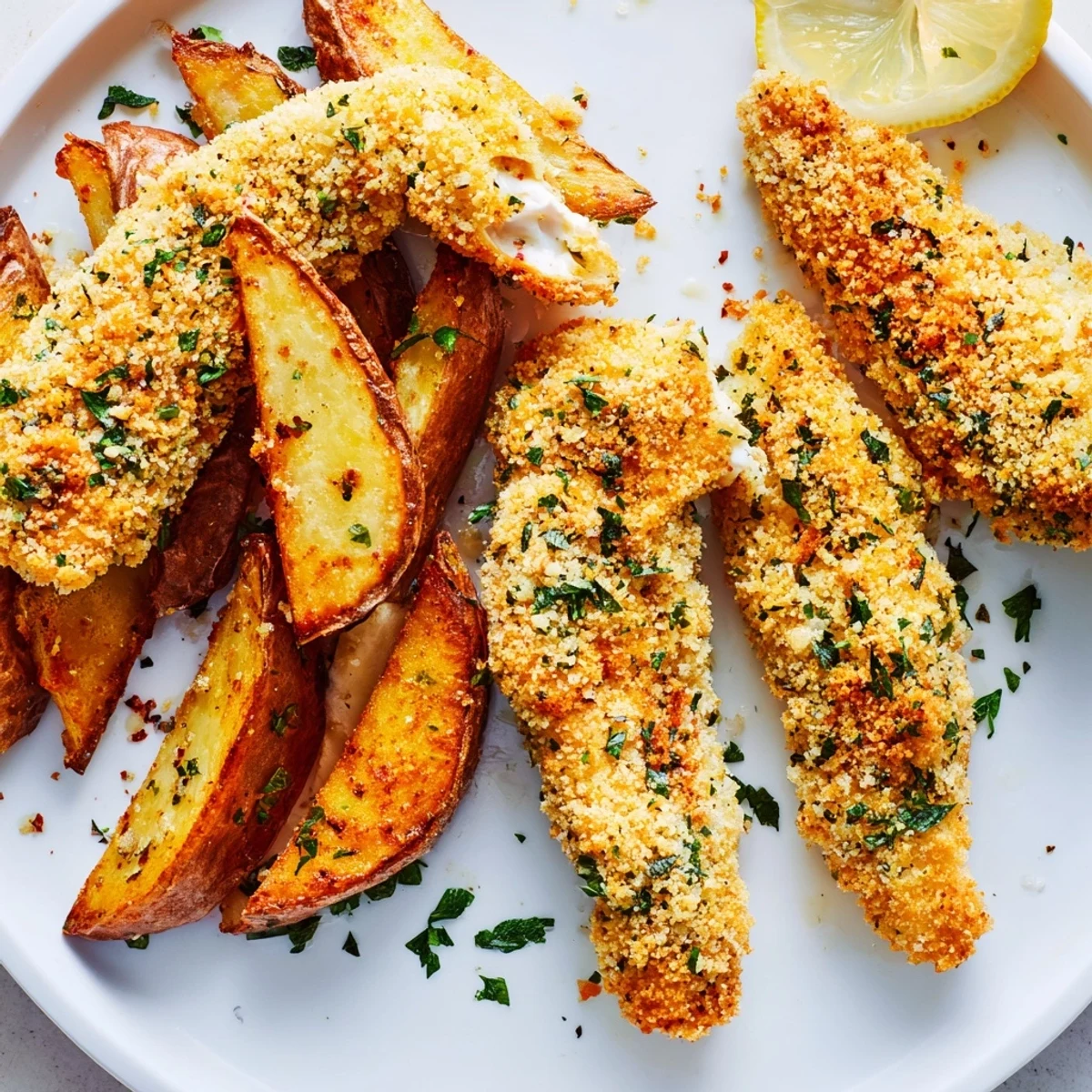 Juicy herbed chicken tenders paired with crispy potato wedges for a satisfying meal.