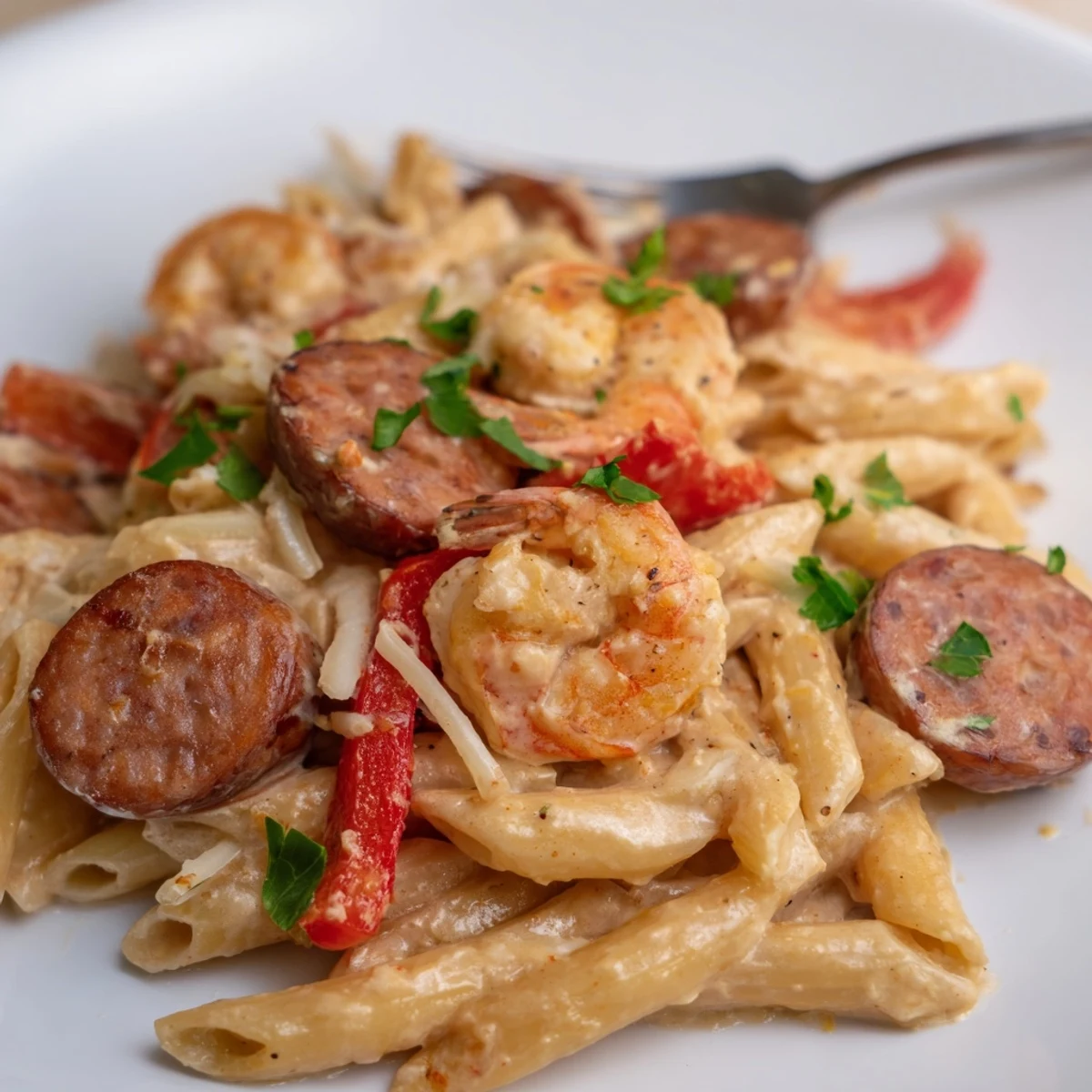 Creamy Cajun Sausage & Shrimp Alfredo Pasta Skillet topped with fresh parsley and peppers.  