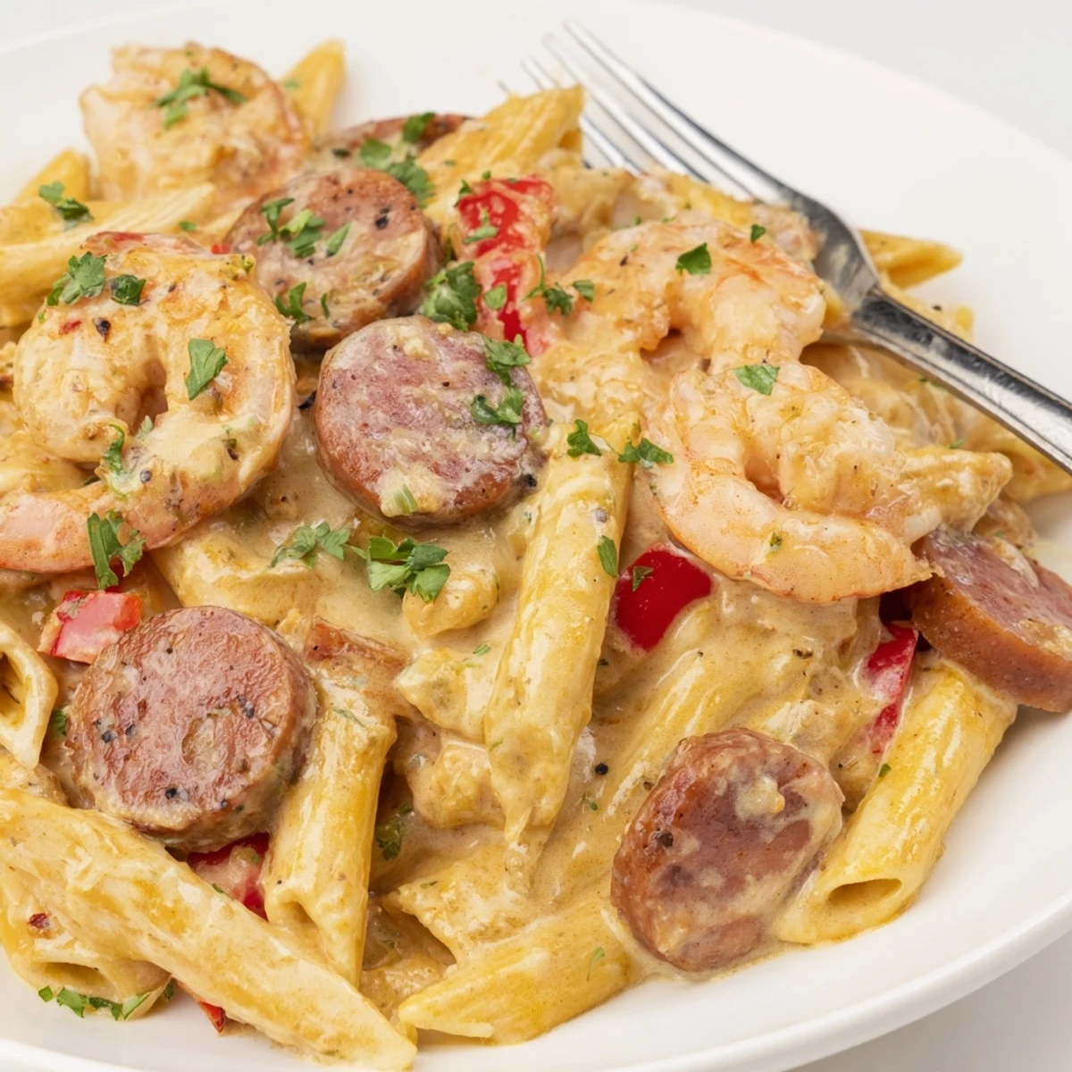 Delicious Cajun Sausage & Shrimp Alfredo Pasta, perfect for a cozy weeknight dinner.