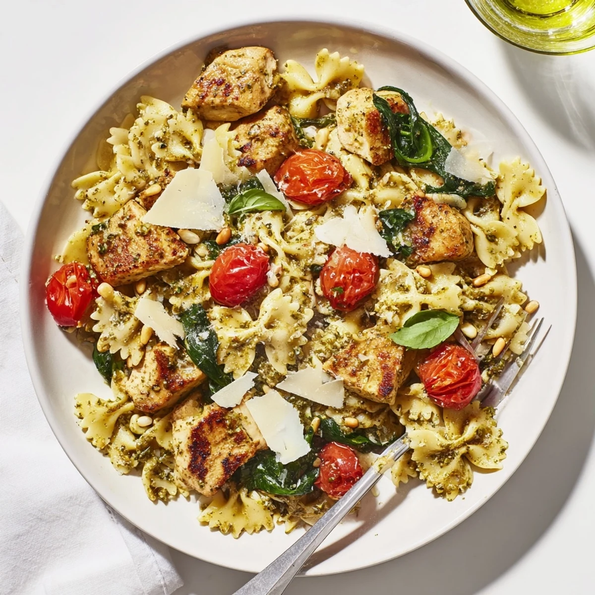 A delicious Pesto Chicken Bowtie Pasta dish topped with fresh basil and pine nuts.  