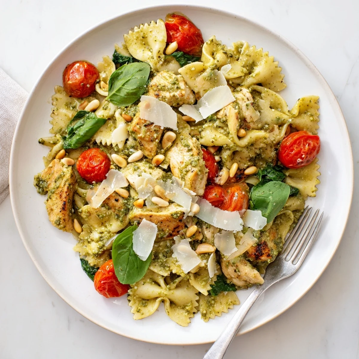 Vibrant Pesto Chicken Bowtie Pasta plates adorned with cherry tomatoes and spinach.