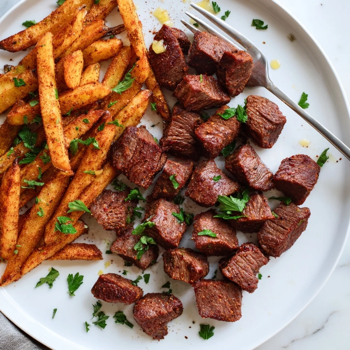Juicy blackened Cajun steak bites nestled alongside crispy golden fries on a plate.  