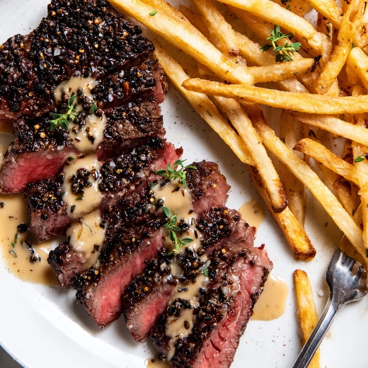 Savory classic peppercorn ribeye steak served alongside crispy golden fries on a plate.  