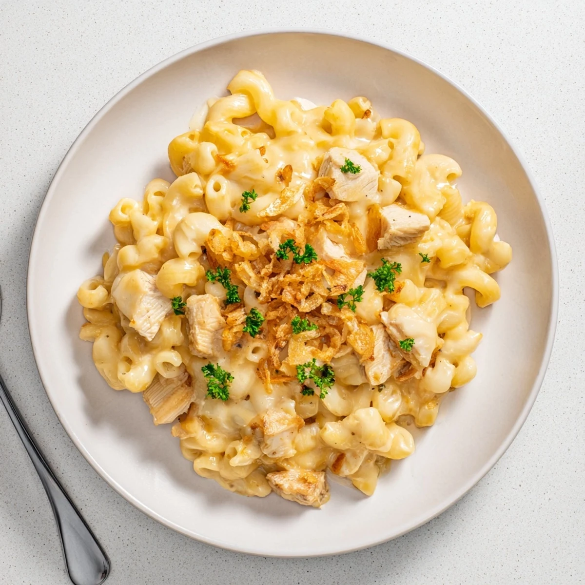 Savory One-Pot Honey BBQ Chicken Mac and Cheese with tender pasta in rich cheese sauce.  