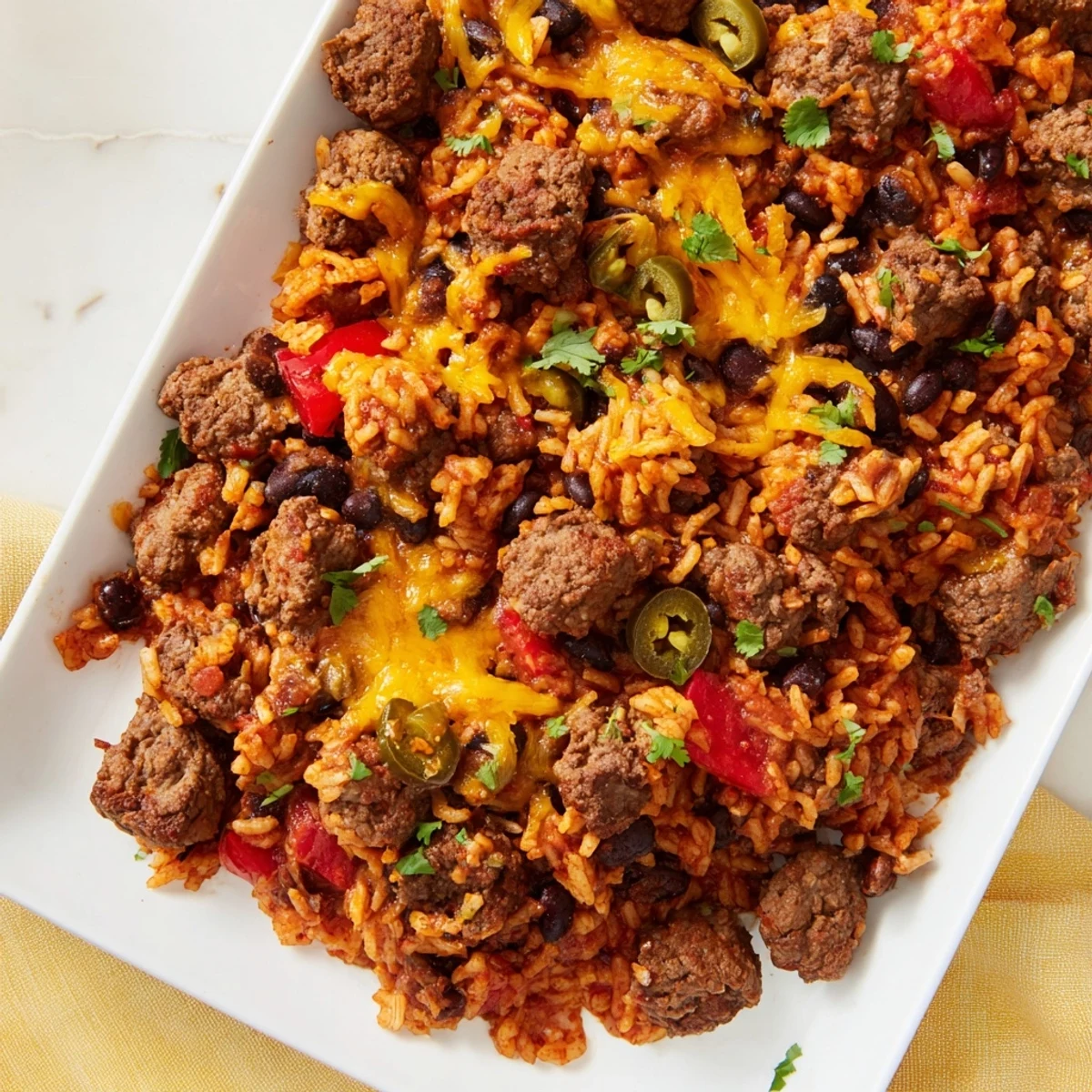 A close-up of a bubbling Tex-Mex Beef & Rice Casserole, showcasing the tender rice and seasoned ground beef.