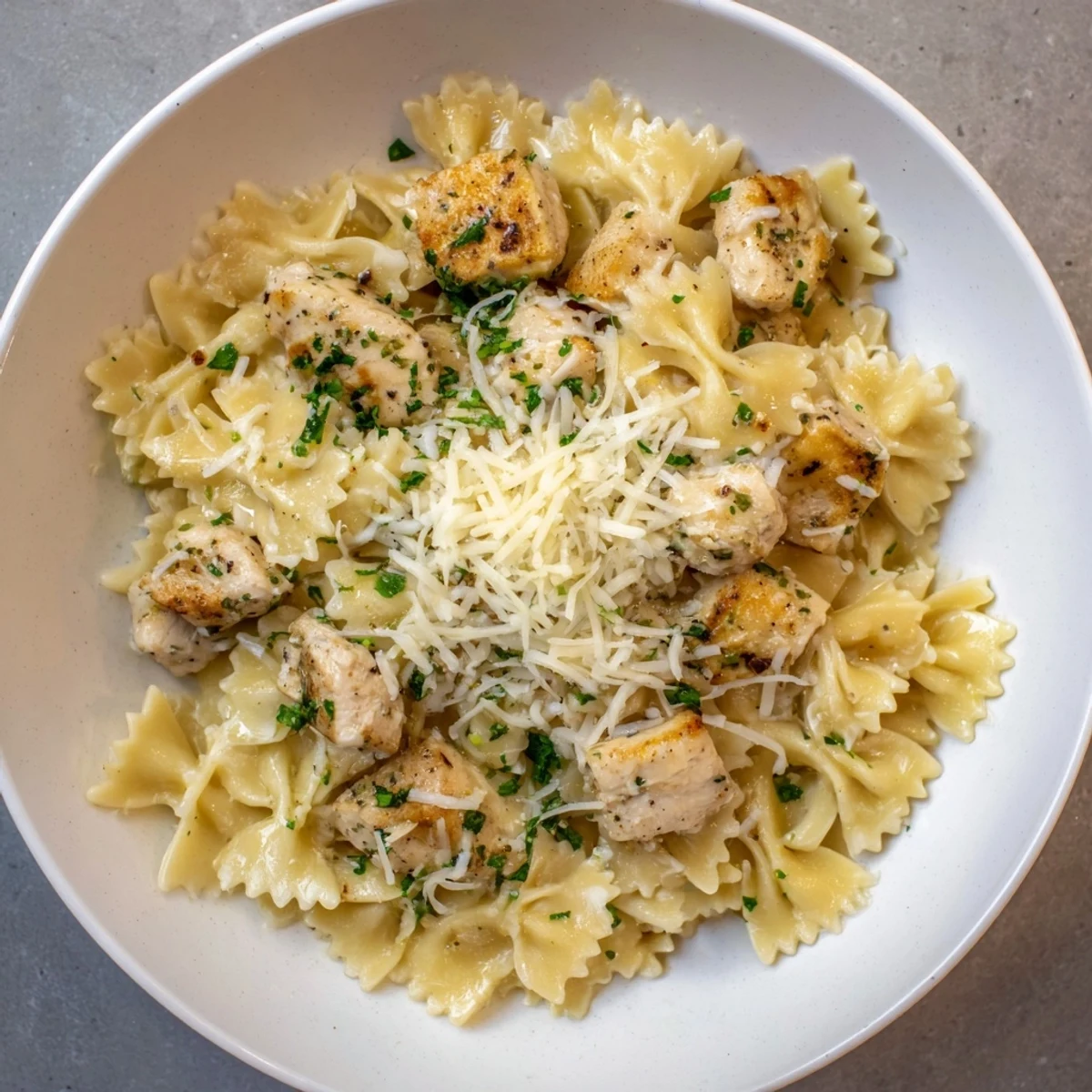 Golden brown mozzarella topping the garlic butter chicken bowties, a comforting Italian-American meal.