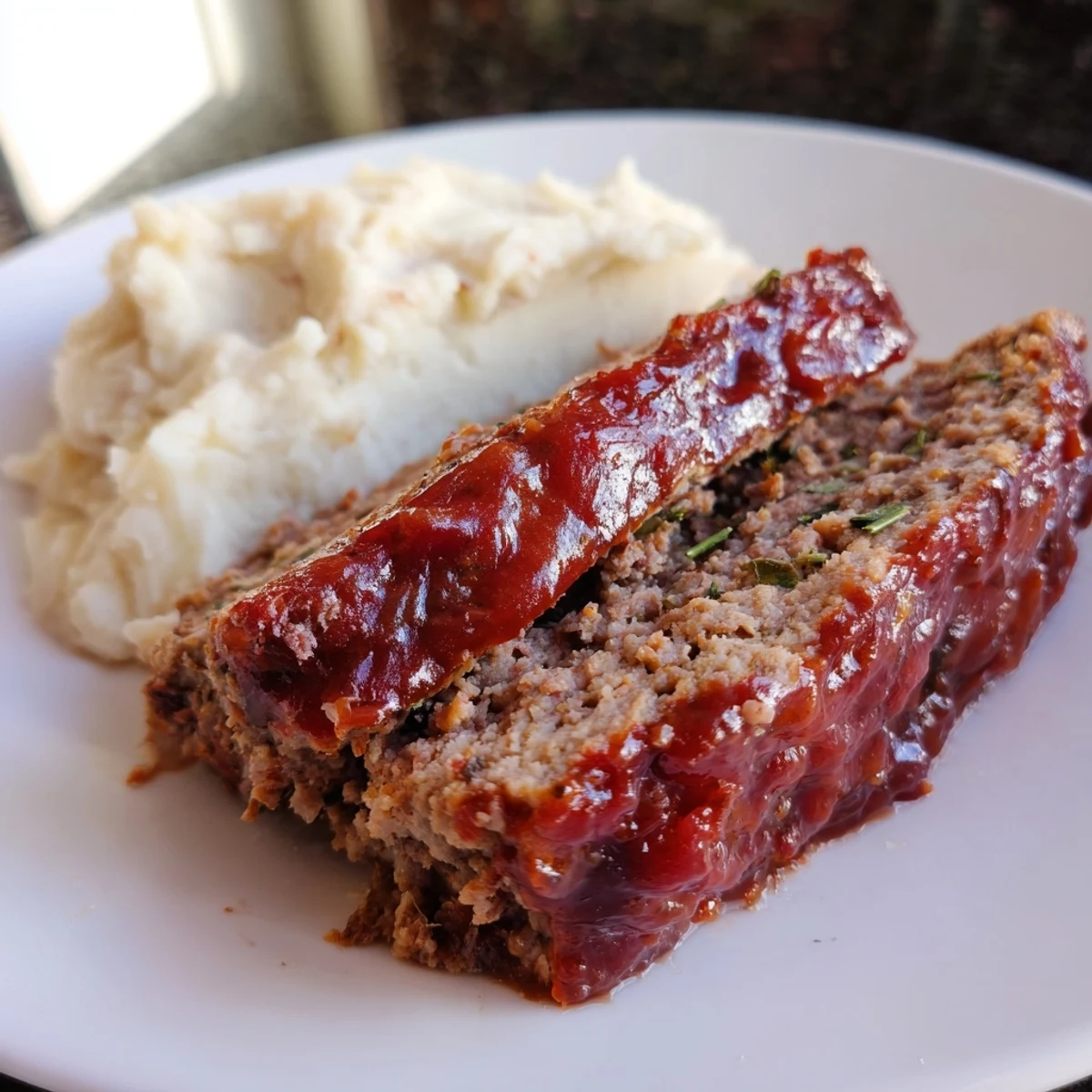 Tender meatloaf slices sit beside creamy mashed potatoes, the perfect comforting American meal.