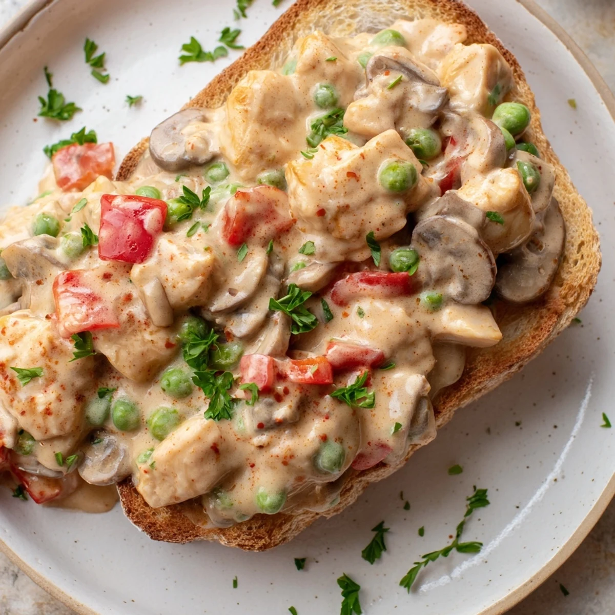 Warm, rich chicken à la king with tender chicken and veggies ladled on perfectly toasted bread.