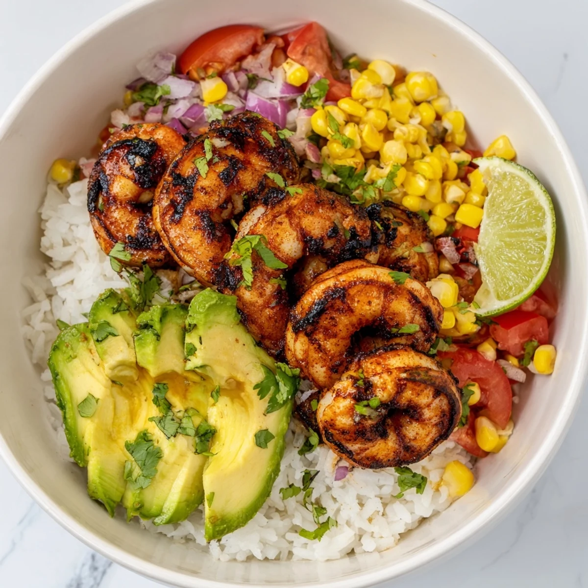 A colorful grilled shrimp bowl, brimming with avocado salsa, ready for a delicious lunch.