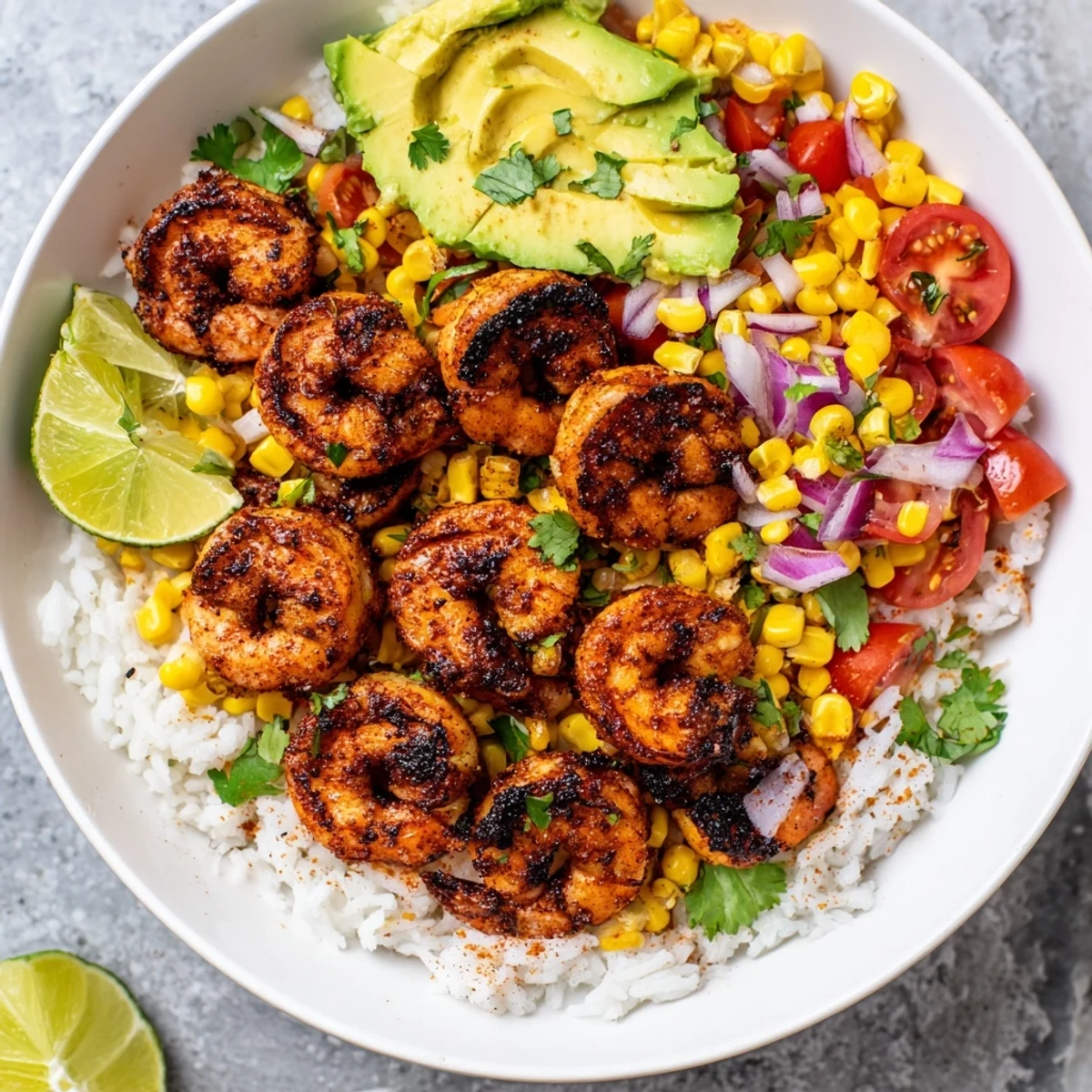 Imagine succulent grilled shrimp topping a fluffy rice base with fresh avocado corn salsa.