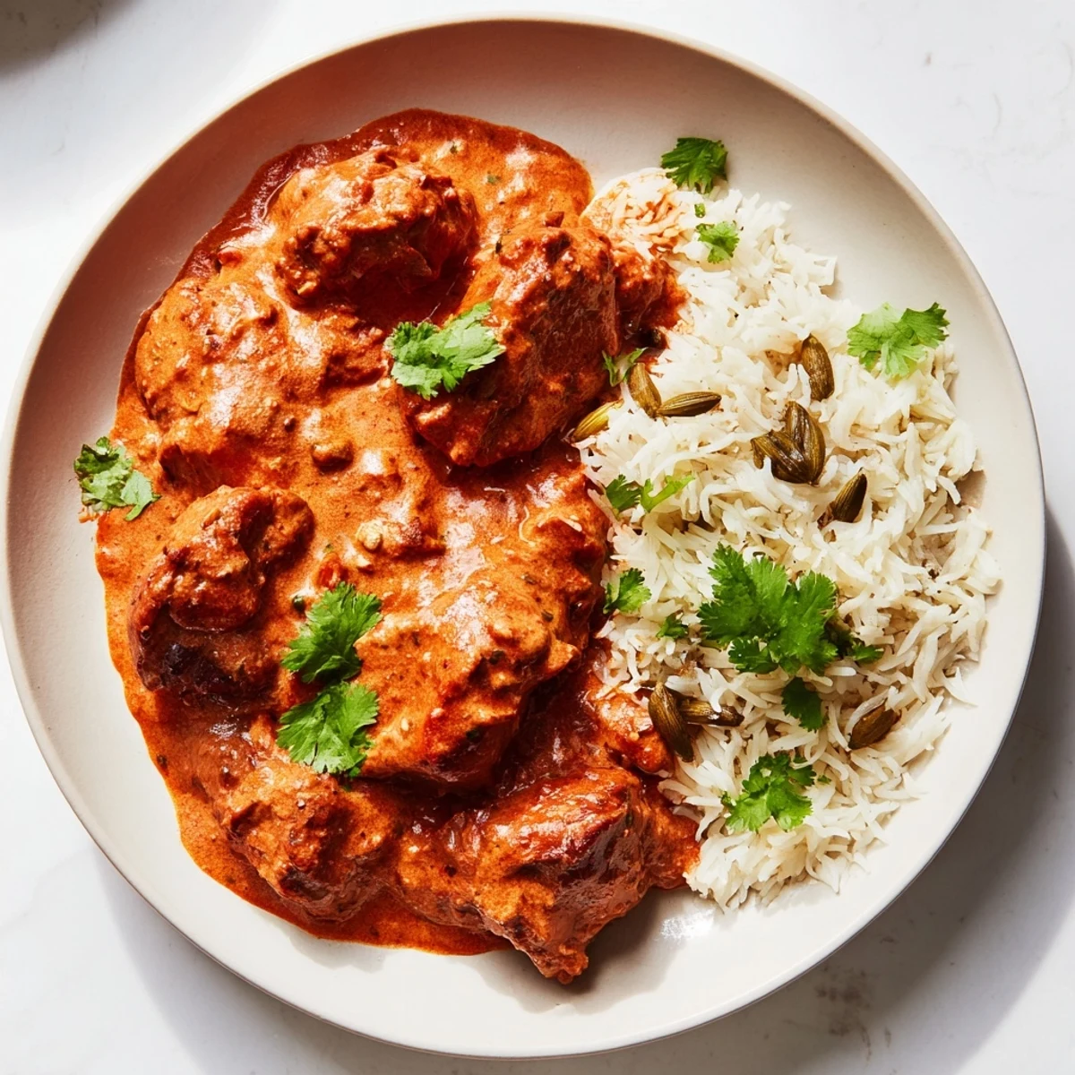 See the golden-hued Butter Chicken & Rice Pilaf, a comforting Indian dish perfect for dinner tonight.