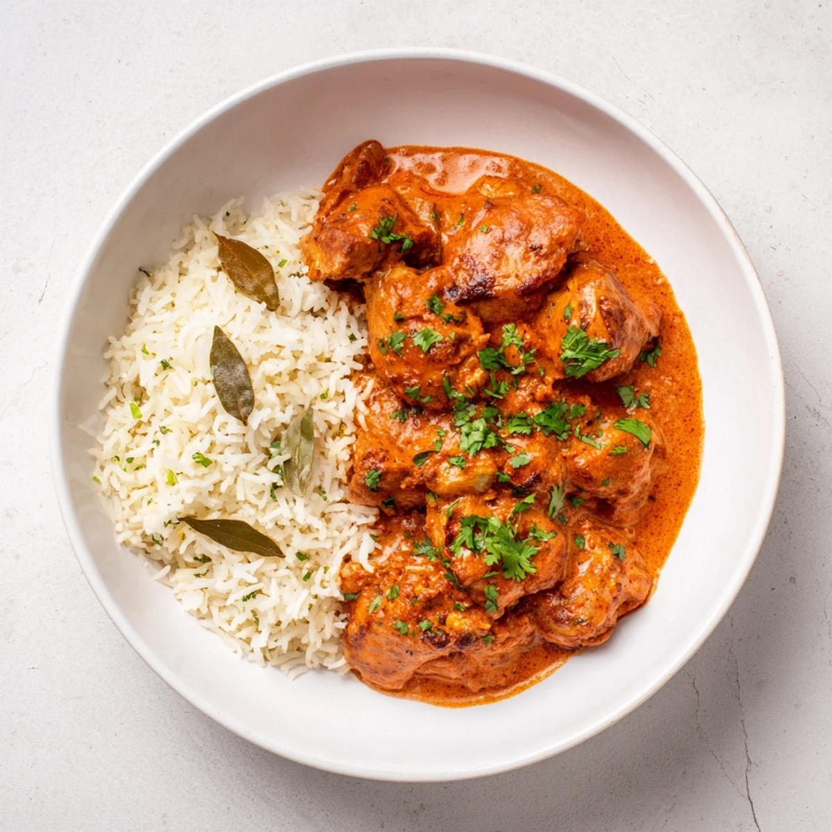 This photo displays a vibrant Butter Chicken & Rice Pilaf, the rich sauce coating tender chicken pieces.