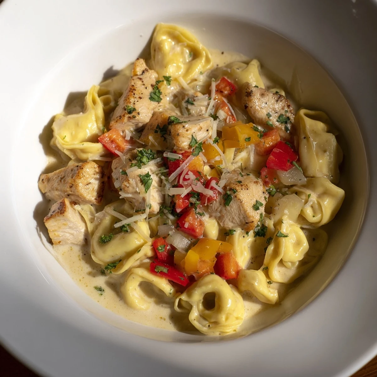 Sizzling Zesty Cajun Garlic Parmesan Chicken Tortellini; chicken pieces nestled in a rich, spicy cheese sauce.