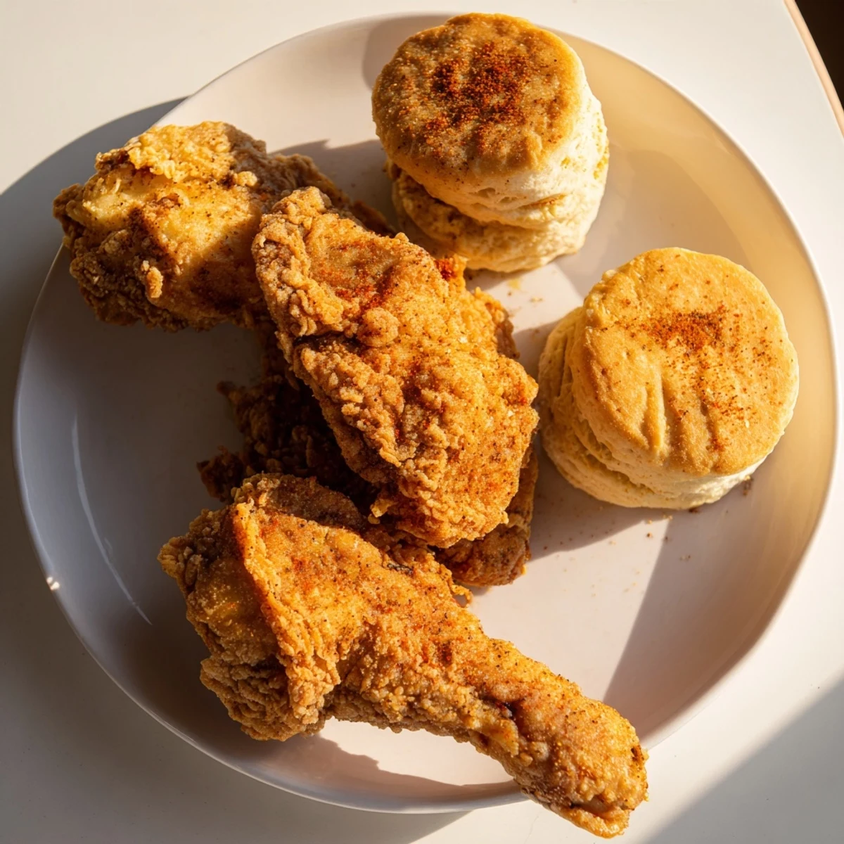 Crispy, seasoned Southern Fried Chicken next to warm, fluffy buttermilk biscuits on a white plate.