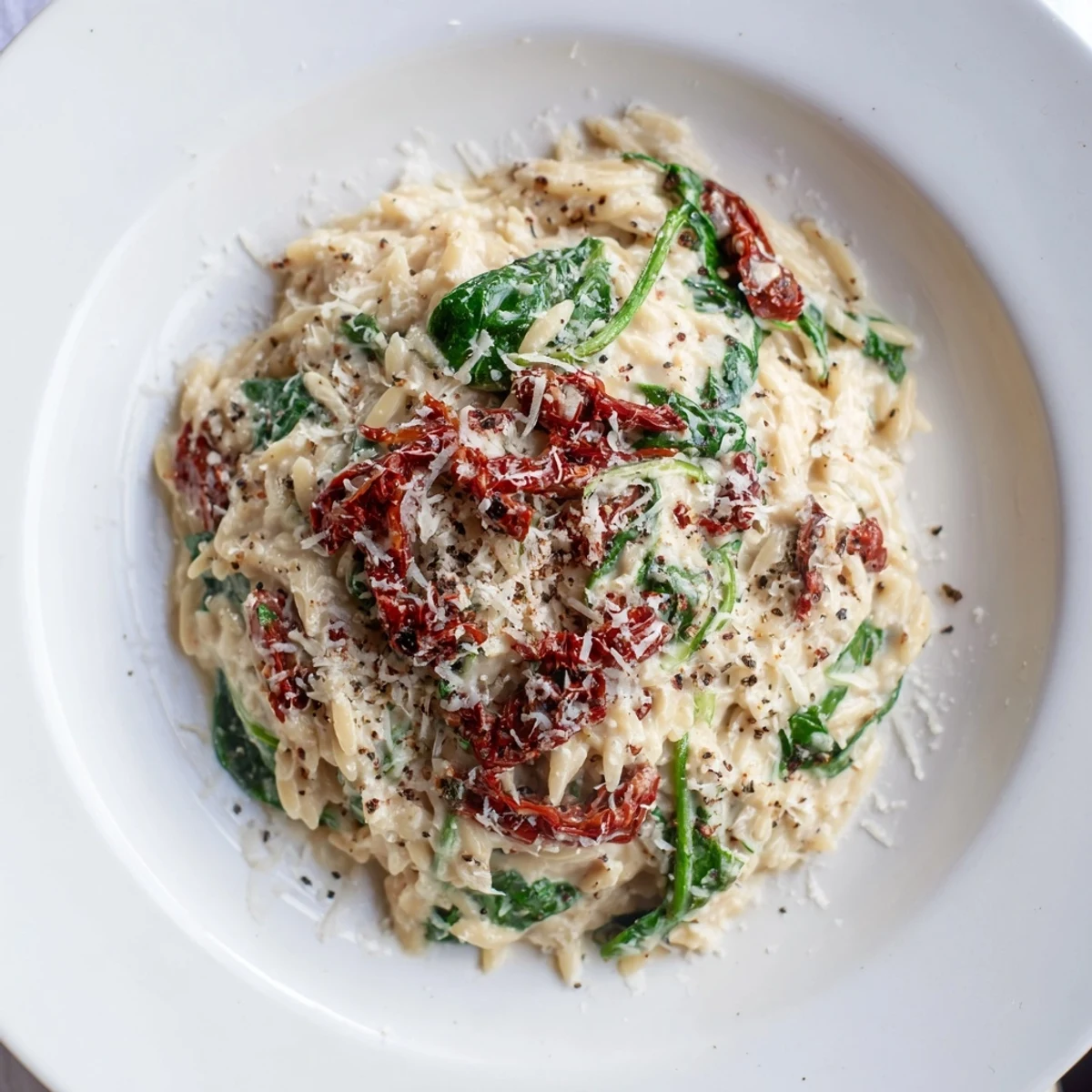 Flavorful Creamy Tuscan Orzo Bowl, garnished with Parmesan cheese, promising a savory Italian meal.