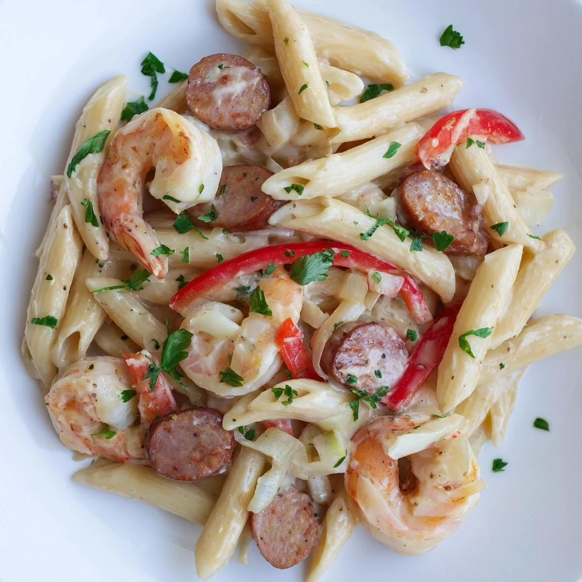 Cajun Sausage & Shrimp Alfredo Pasta Skillet sizzling with shrimp, sausage, and a rich, creamy sauce.