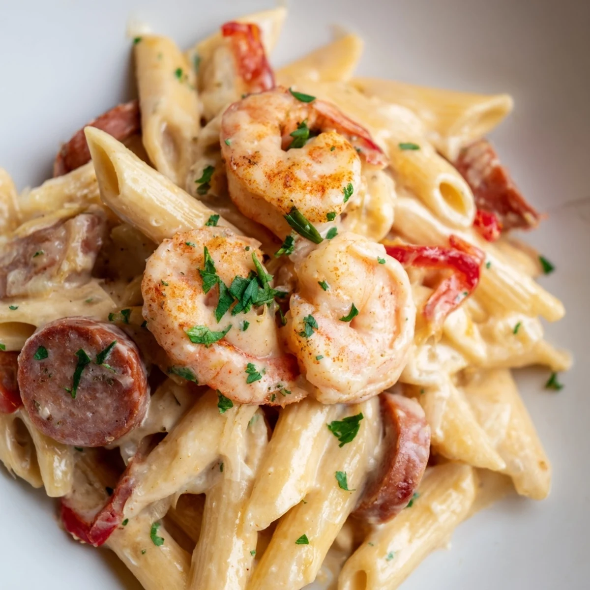 A steaming bowl of Cajun Sausage & Shrimp Alfredo Pasta Skillet, garnished with fresh parsley and ready to enjoy.